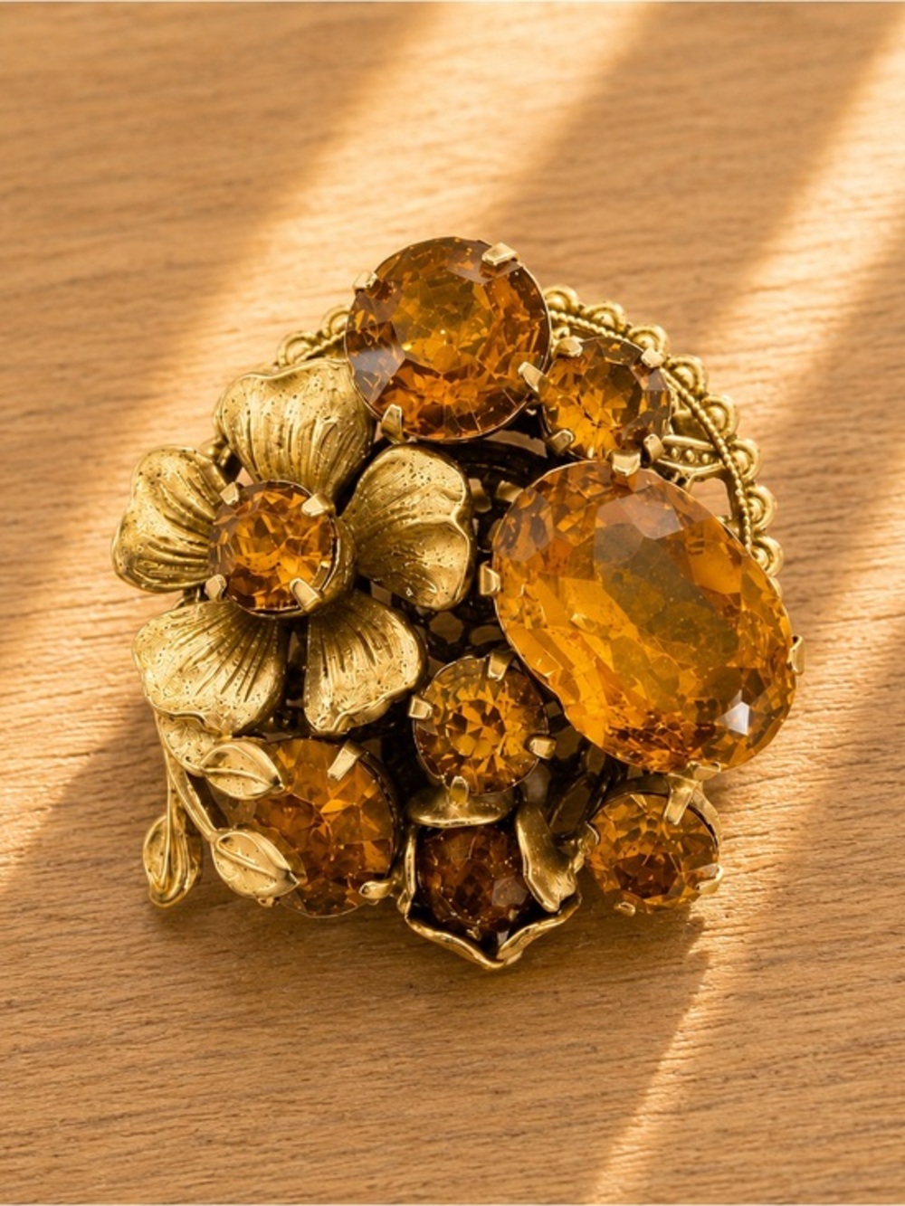 Vintage Yellow Amber Rhinestones Crystal Floral Brooch Pin Gold Tone